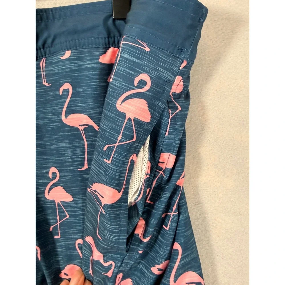 Mens Pink Flamingo Board Shorts Navy Blue Mesh Lined Swim Trunks Size Large‎
